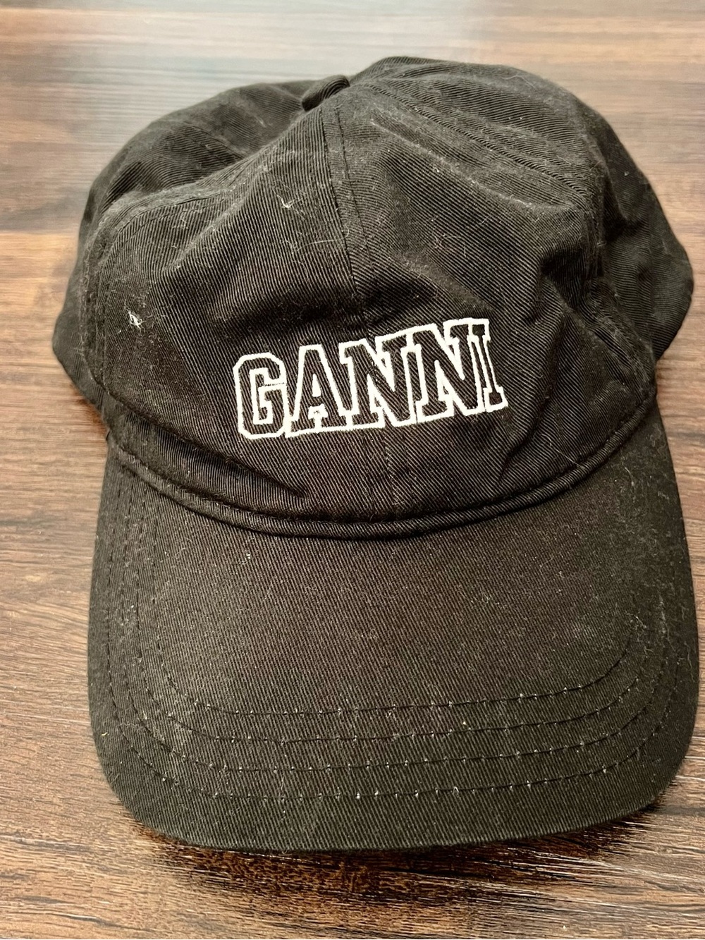 Ganni Black Cap with White Logo Embroidery